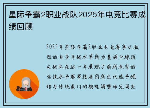 星际争霸2职业战队2025年电竞比赛成绩回顾